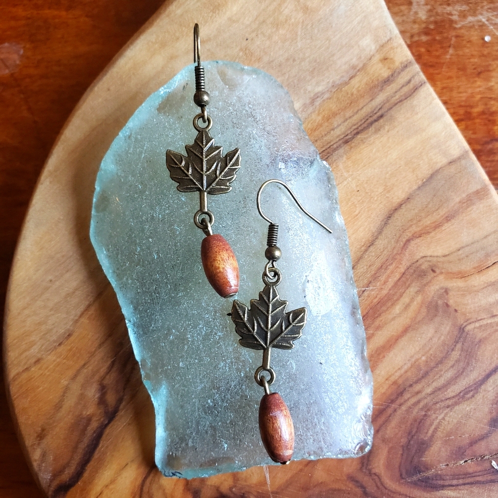 Handmade 🍁 Fall Maple & Wood Drop Earrings